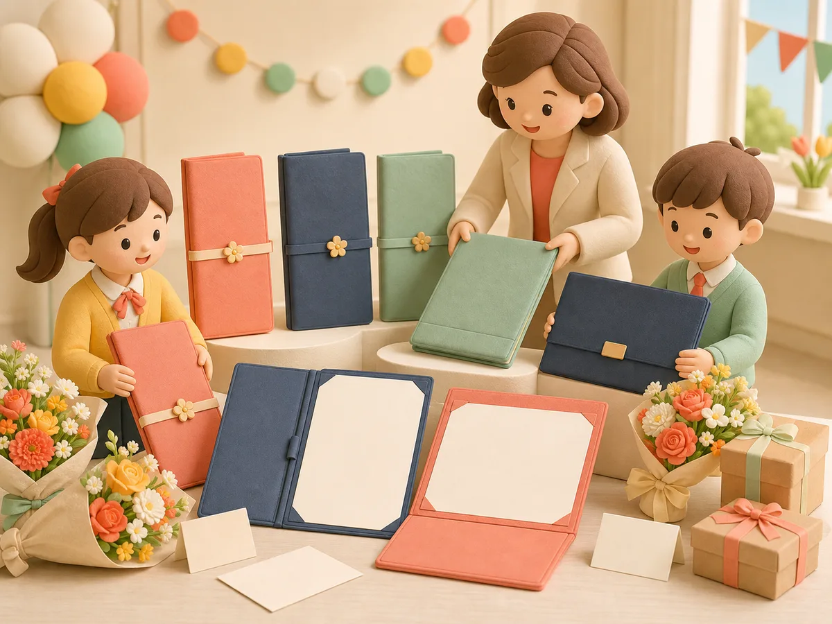 졸업장 케이스와 꽃, 메시지 카드를 준비하는 용인 OO초 졸업식 기프트 운영사례를 표현한 일러스트