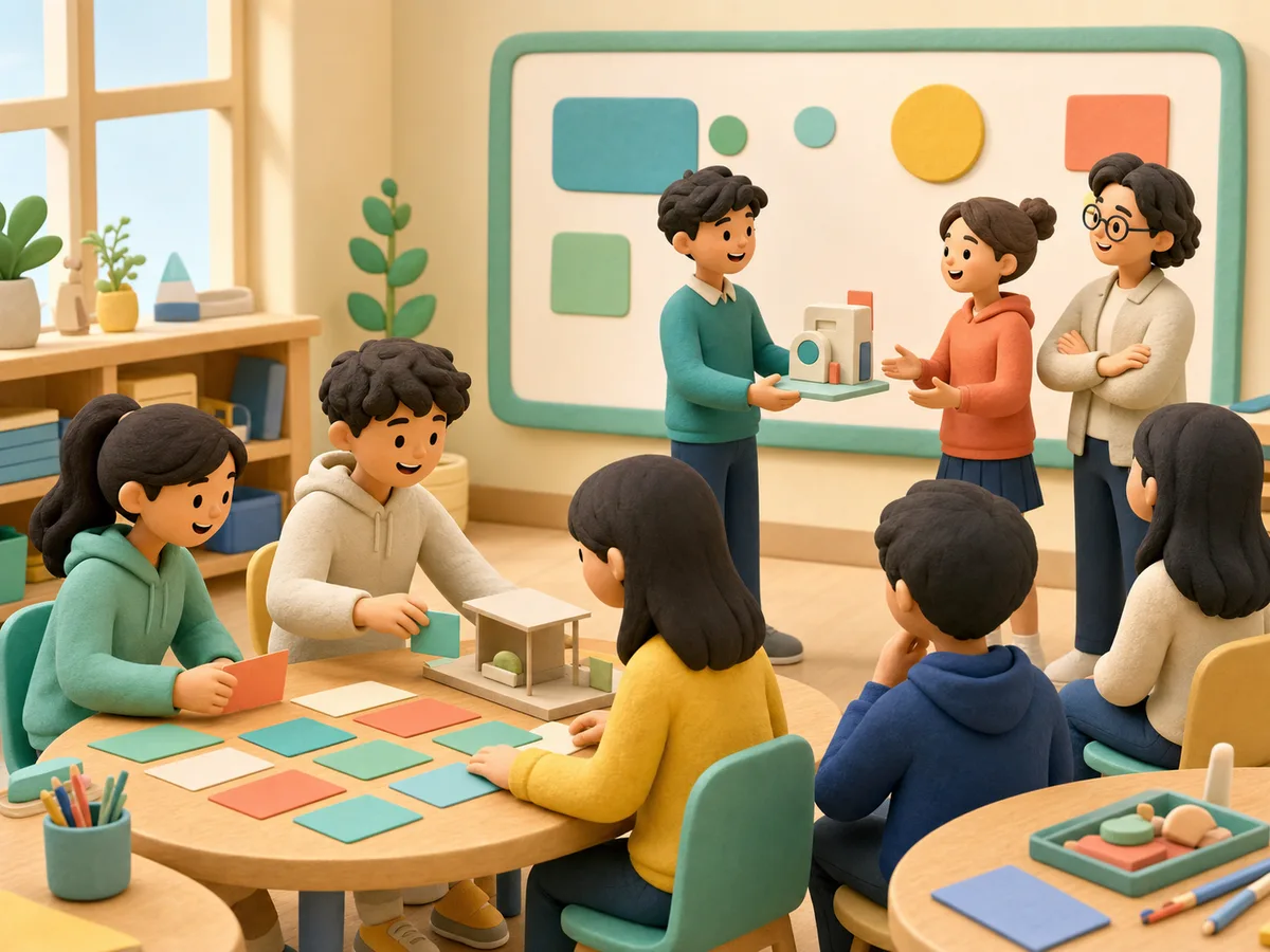 팀별 비즈니스 모델과 시제품을 발표하는 고양 OO고등학교 창업캠프 운영사례를 표현한 일러스트