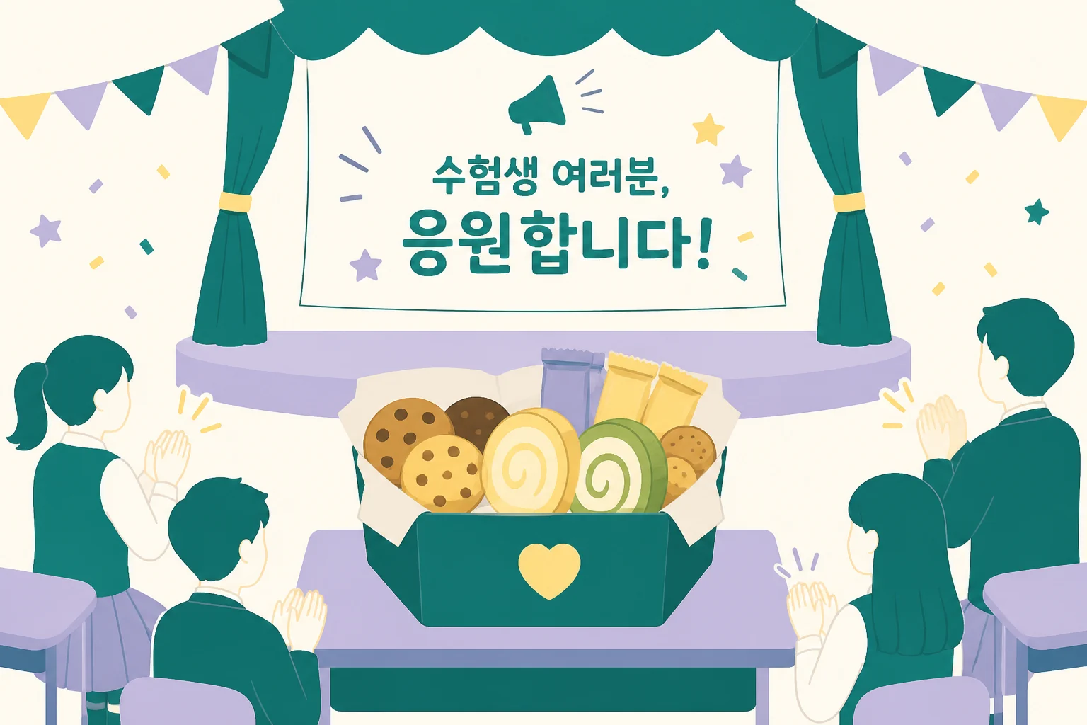 교실에서 든든한 간식 상자를 나누는 시험 응원 연출 이미지