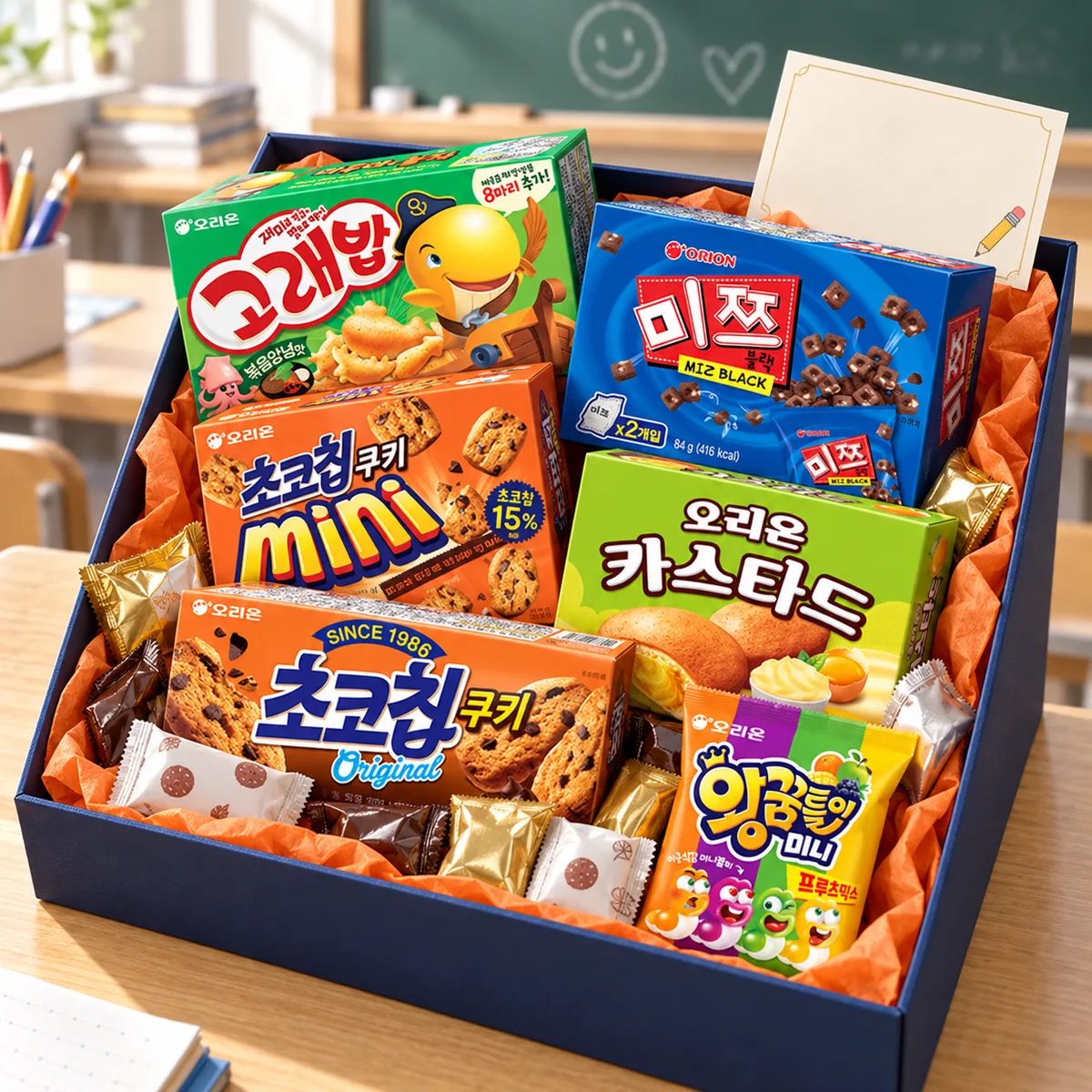 고래밥, 미쯔블랙, 초코칩쿠키, 카스타드, 왕꿈틀이가 담긴 오리온 학생 간식 세트 구성 이미지